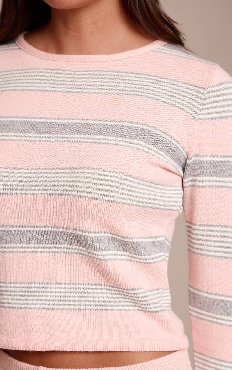 Rose T-shirt En Maille À Rayures Et Manches Longues