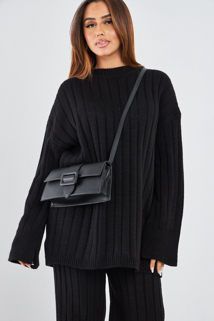Ensemble 2 pièces pull long + pantalon en laine noir