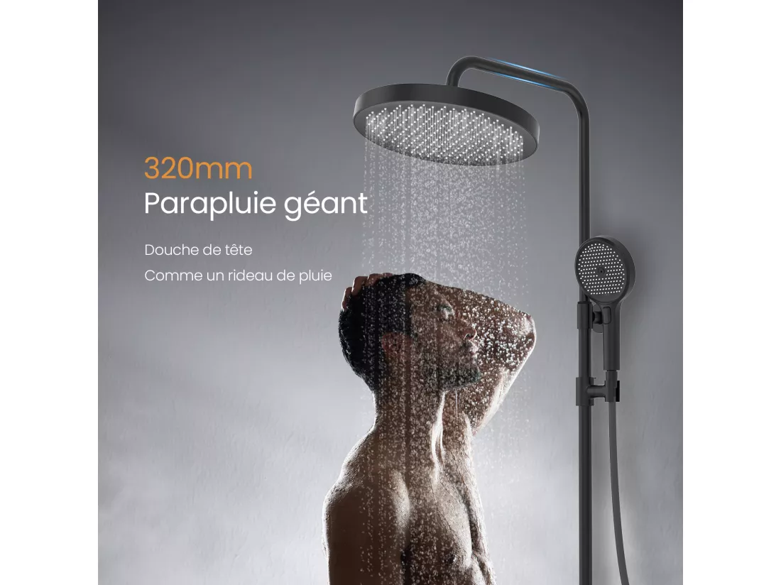 EMKE Colonne de Douche avec douche theramostat 38 °C à Grande douche de tête et douchette multimode, Cercle, noir