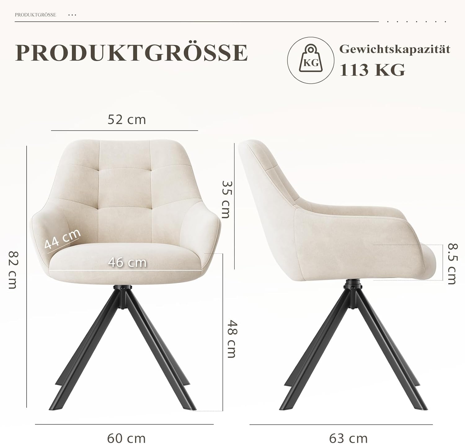 COLAMY Drehbare Esszimmerstühle 2er Set, Esszimmerstühle Drehbar mit Armlehne, Armlehnstuhl Drehbar mit Rückenlehne für Esszimmer, Stühle aus Weichem Florstoff mit Metallgestell für Küche, Beige