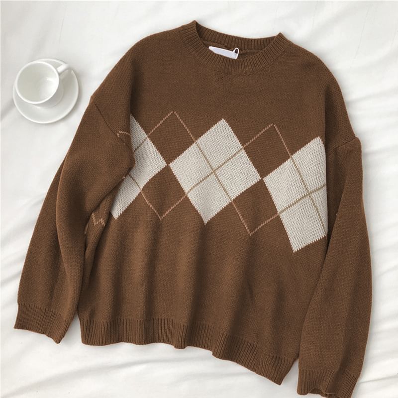Sensarra - Argyle Oversized Trui met Ronde Hals