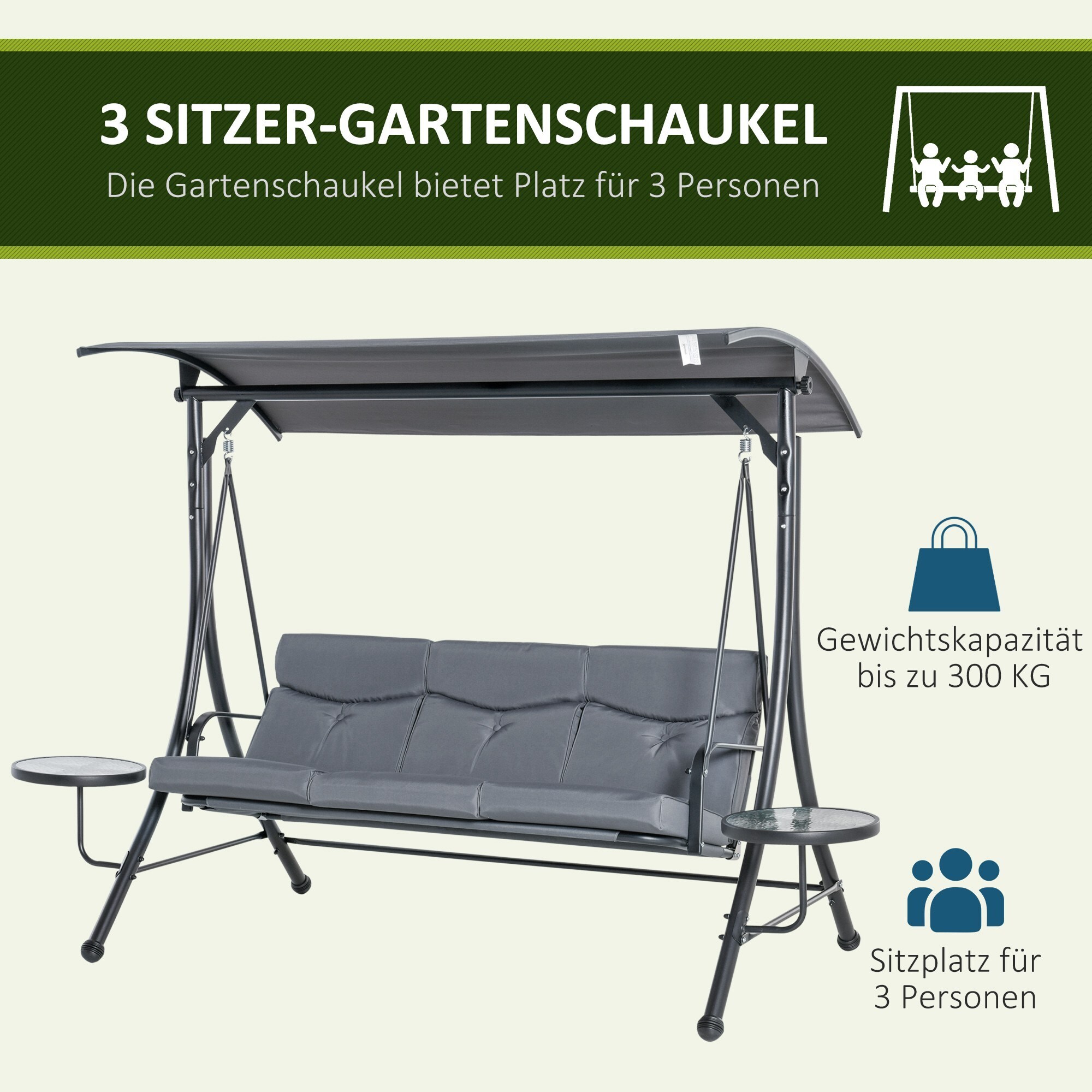 Outsunny 3-Sitzer Hollywoodschaukel mit verstellbarem Sonnendach grau, schwarz 278 x 125 x 177 cm (BxTxH)