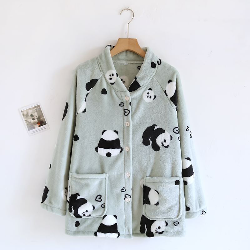 Dogini - Fleece pyjamatop met lange mouwen, opstaande kraag, patroon en knoopjes
