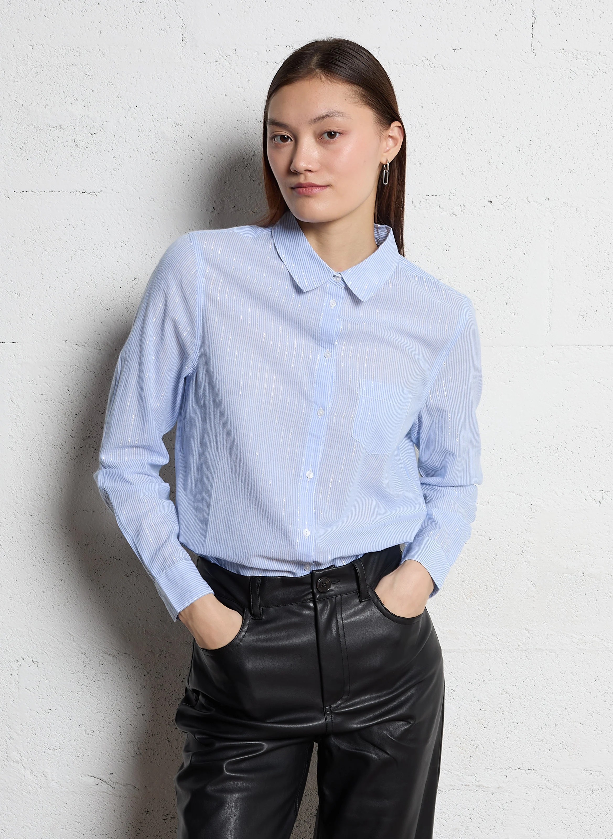 CATIMA - Chemise droite col classique rayée en coton mélangé | Bleu