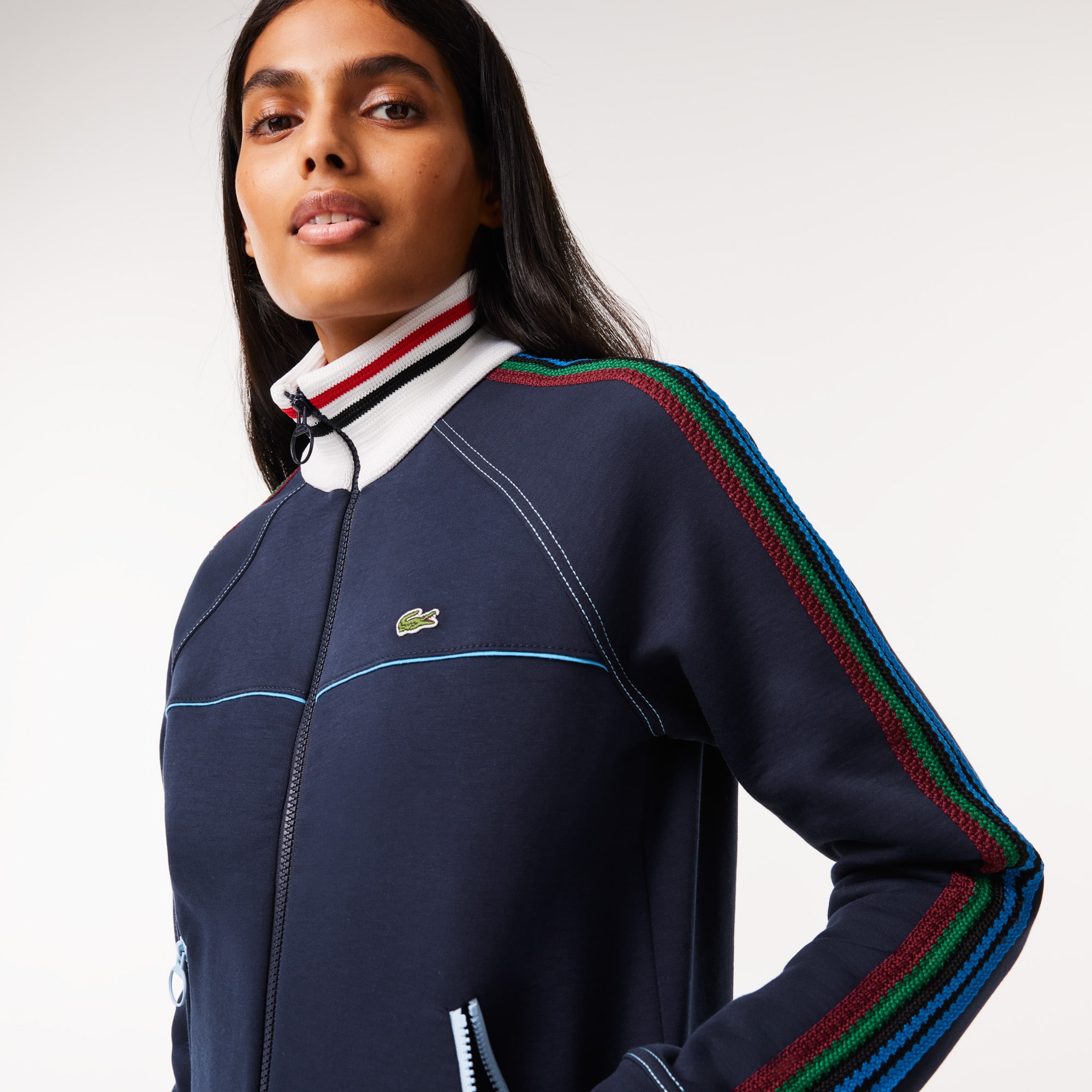 Sweatshirt zippé Paris fabriqué en France à col tricoté contrasté Sweatshirts - Bleu - Lacoste - Femme