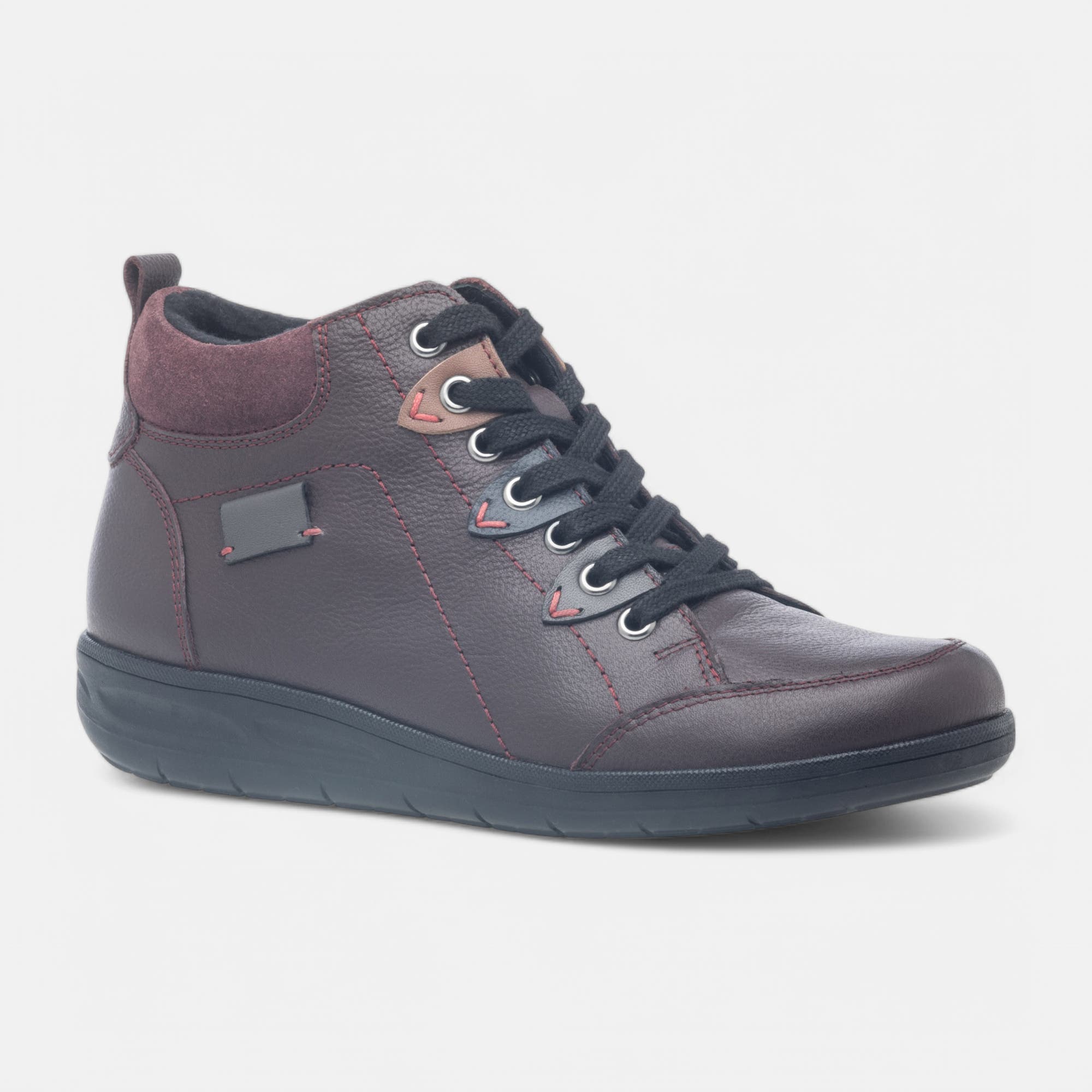 Bottines à lacets Femme en cuir bordeaux