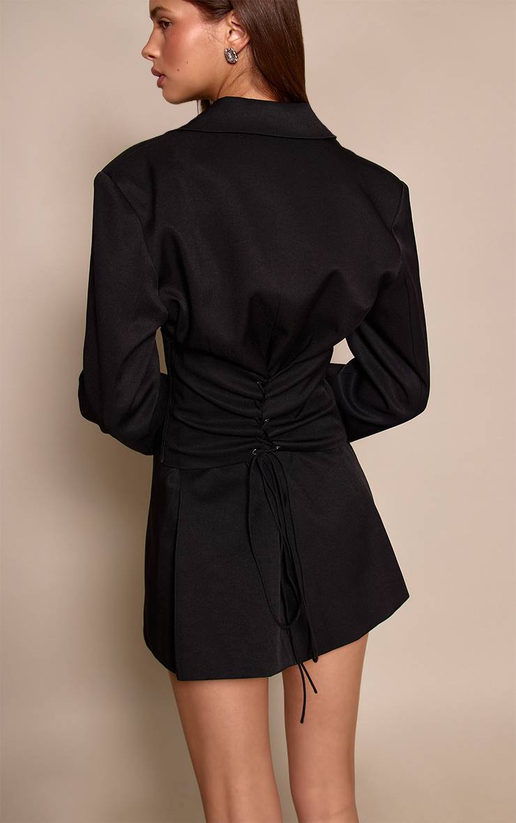 Noir Robe Blazer À Superposition De Corset Baleiné Ajusté En Tissu Tissé