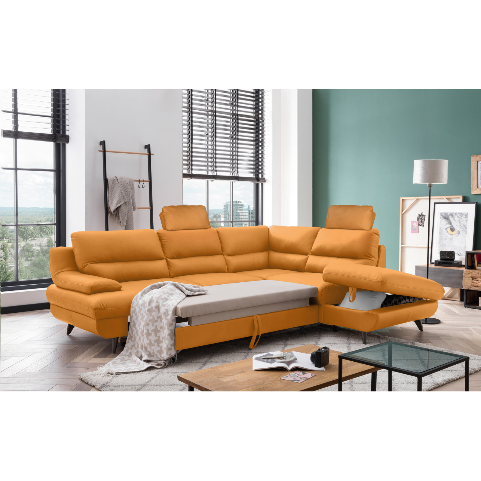 Ecksofa Pike Leder, Ottomane rechts amber