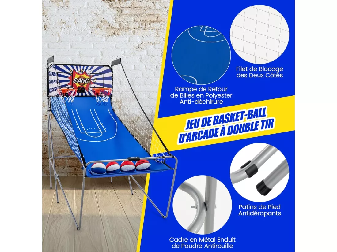 Panier de Basketball Pliable à Double Tir 4 Balles Pompe de Gonflage, Jeu de Basketball Arcade pour 1 à 4 Joueurs avec Système de Pointage, 8 Modes de Jeux pour Enfants Adultes (Bleu+Blanc)