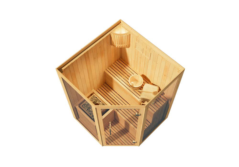FinnTherm Ylva binnensauna, 1 houten bank, saunacabine met 68 mm wanddikte, stoomsauna met montagemateriaal, natuurlijke afwerking