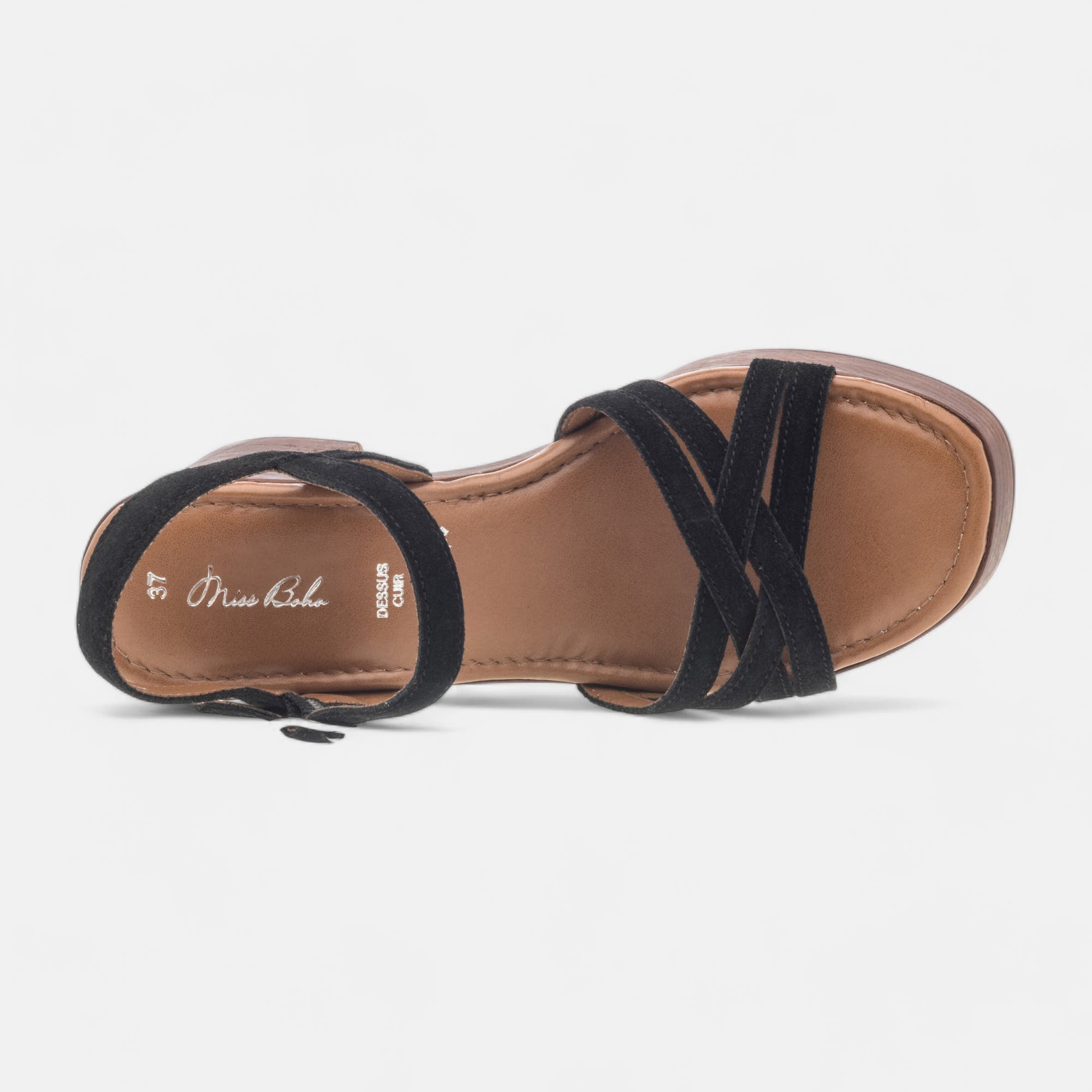 Chaussures semelle bois à talon Femme en cuir noir