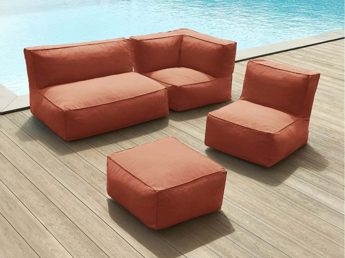 Salon de jardin en tissu 5 places : 1 canapé, 1 fauteuil, 1 angle et 1 pouf - Terracotta - NOUMARA de MYLIA