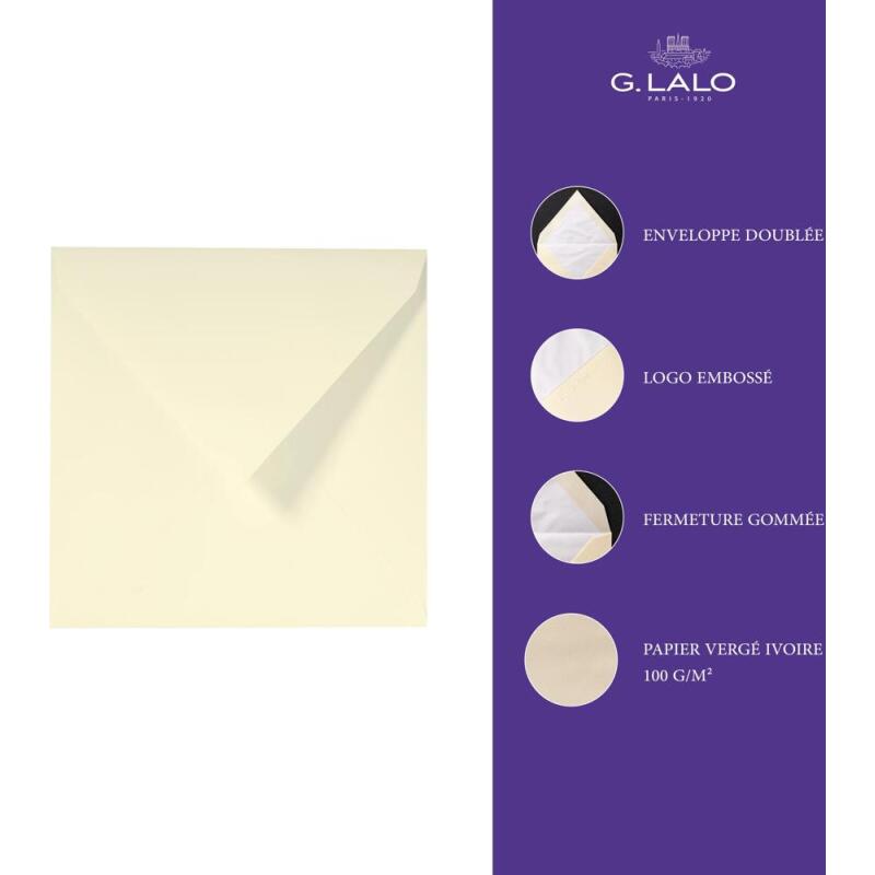 25 enveloppes 165x165mm, Vergé de France doublées gommées