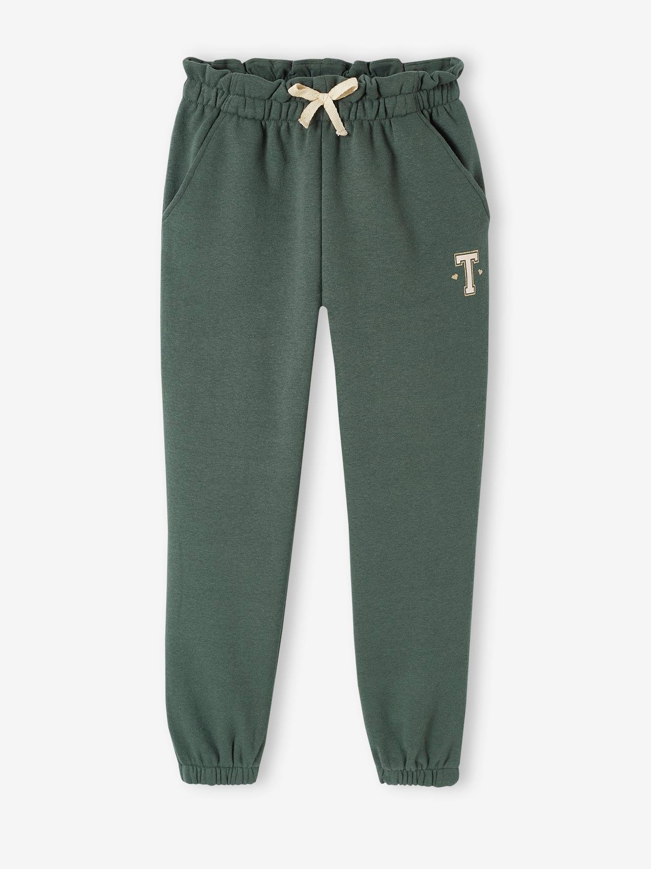 Calça de moletom verde com cintura alta e amarração para meninas