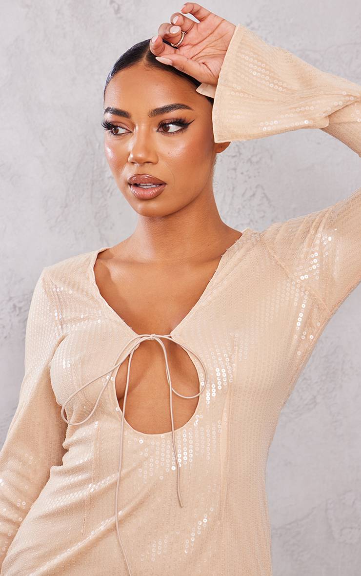 Nude Robe Mi-longue À Sequins Et Manches Longues Pour Grandes Tailles