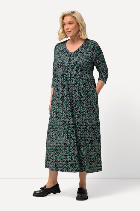Jerseykleid, Blüten, A-Linie, V-Ausschnitt, 3/4-Arm
