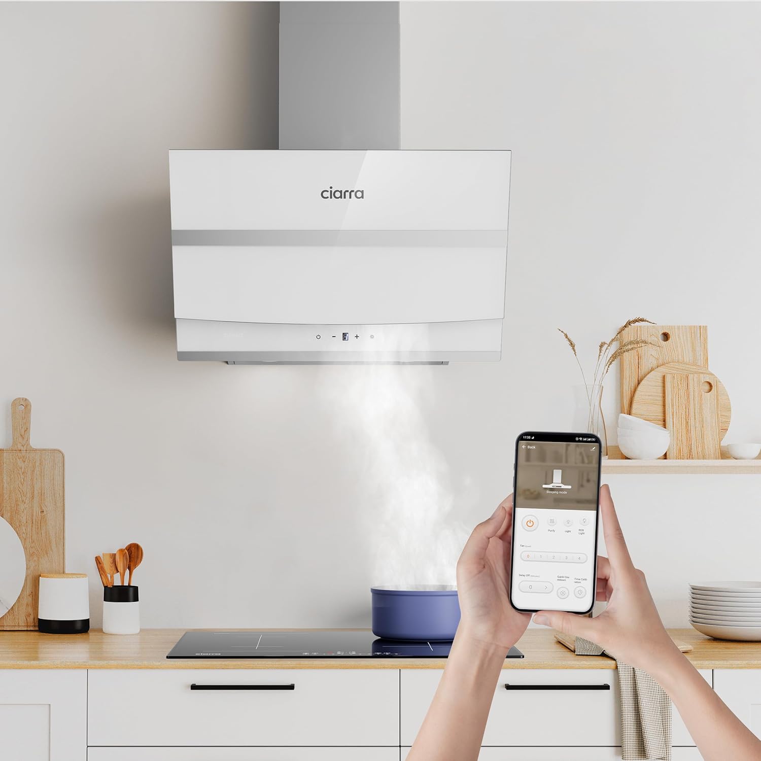 CIARRA A+++ ASW6736N Dunstabzugshaube 60 cm Umluft Abluft 650 m³/h App Gesteuert Touch-Bedienung Kopffreie Schräghaube 3 Stufen Booster CBCF003 Aktivkohlefilter Edelstahl Glas Weiß