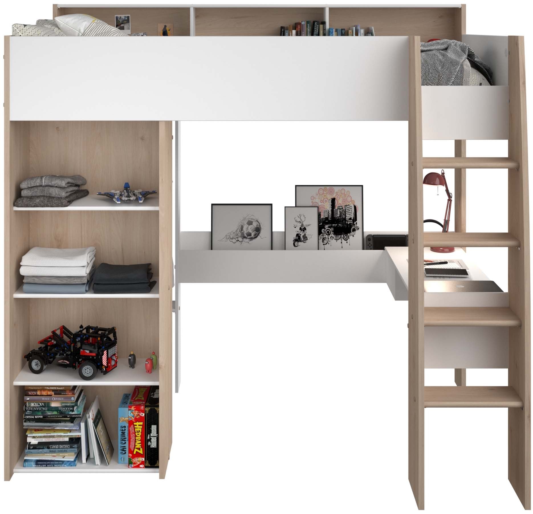 Parisot Hochbett »Shelter 11« 1 Stk. tlg. integrierter Schreibtisch, Leiter, Regal, Kleiderstange, Ablagen