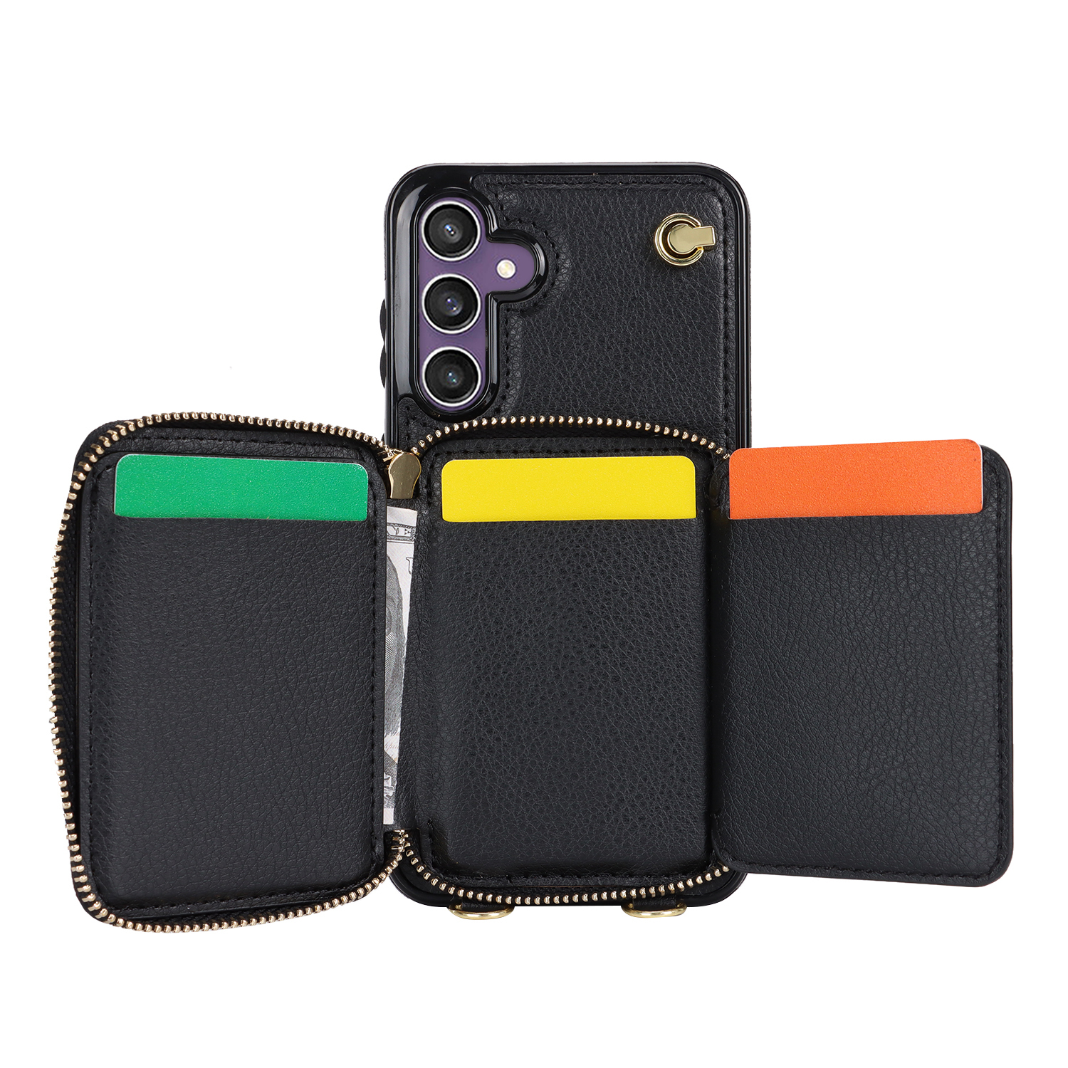 Samsung Galaxy S25 FE Necklace Leder Schutz Hülle mit Kartenfächer   Handykette (140cm) - Schwarz