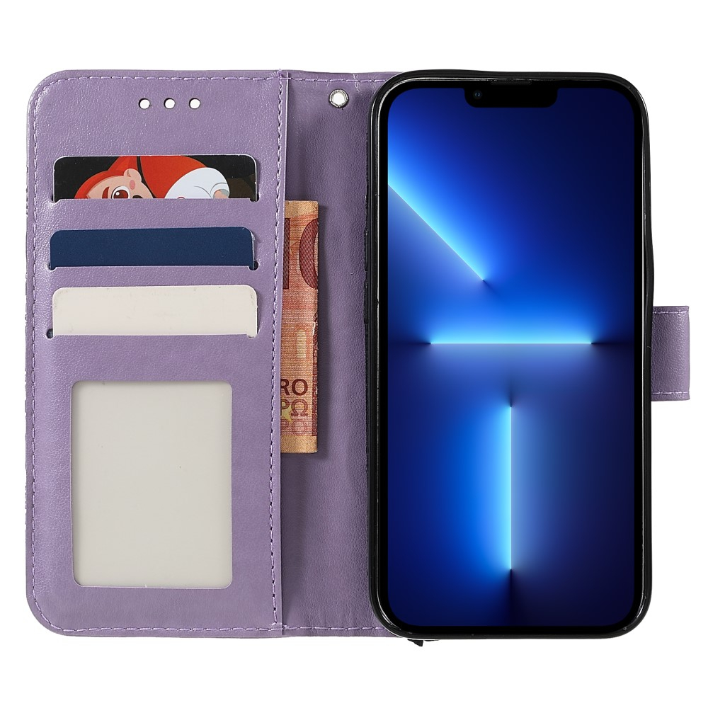 iPhone 13 Pro Leder Tasche Wallet - Mandala Flowers Imprint - Lila