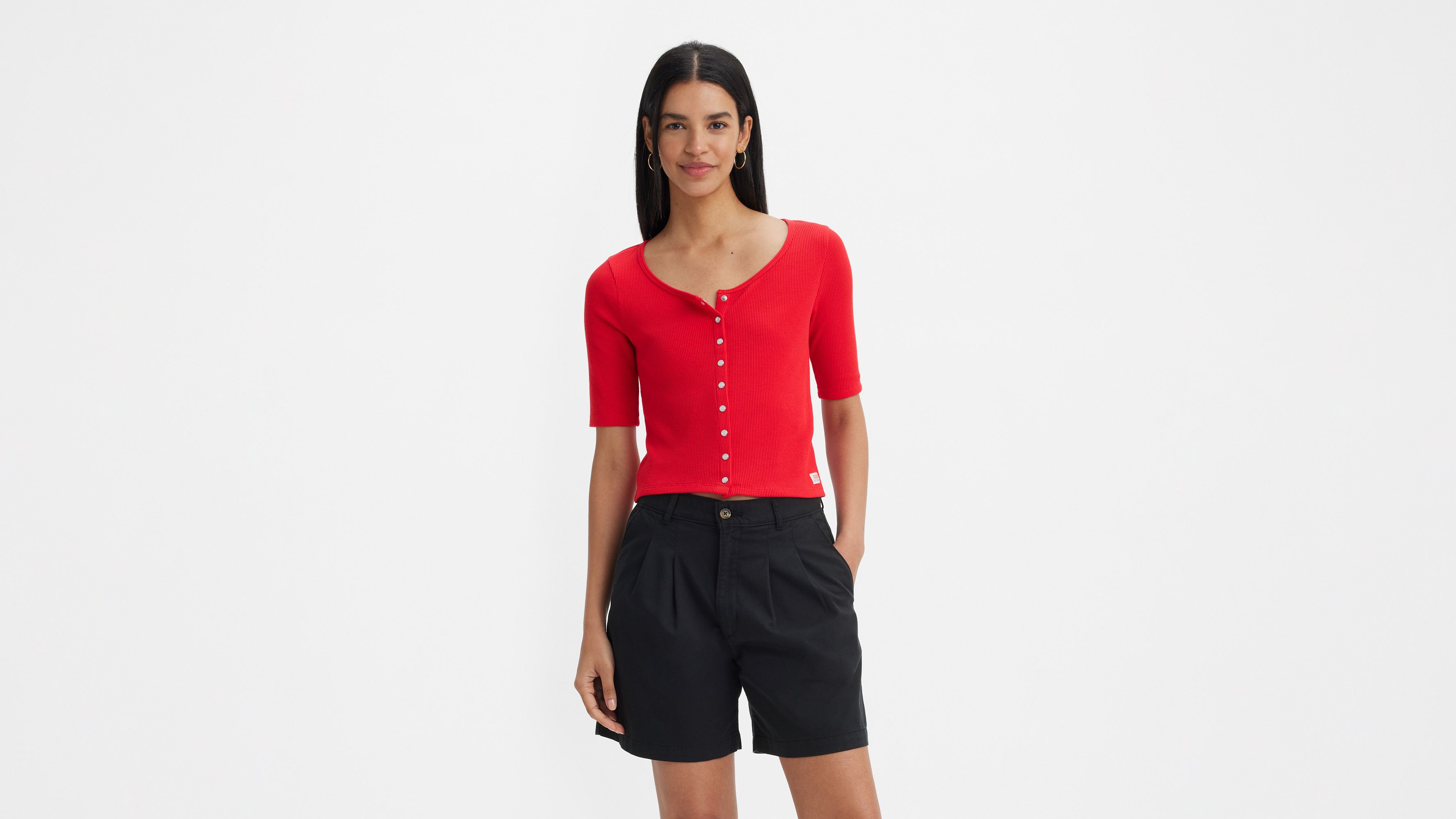 Dry Goods haut boutonné maille gaufrée - Script Red - Rouge