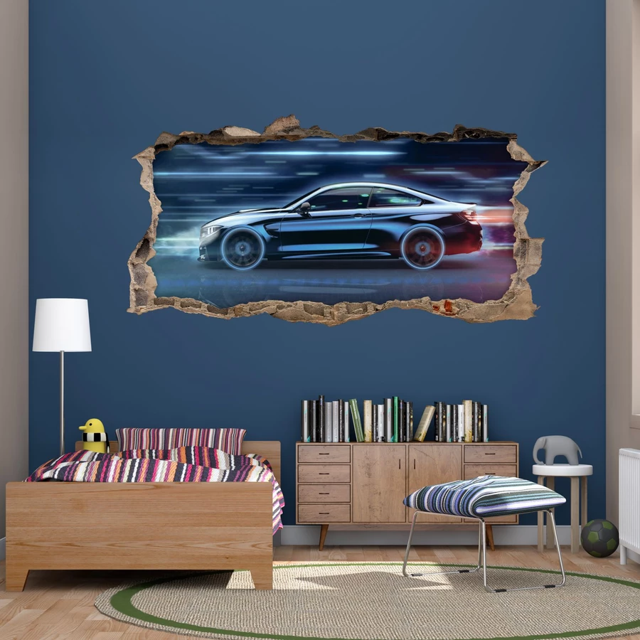 Nikima Wandtattoo 224 Wandtattoo Rennauto blau - Loch in der Wand bunt