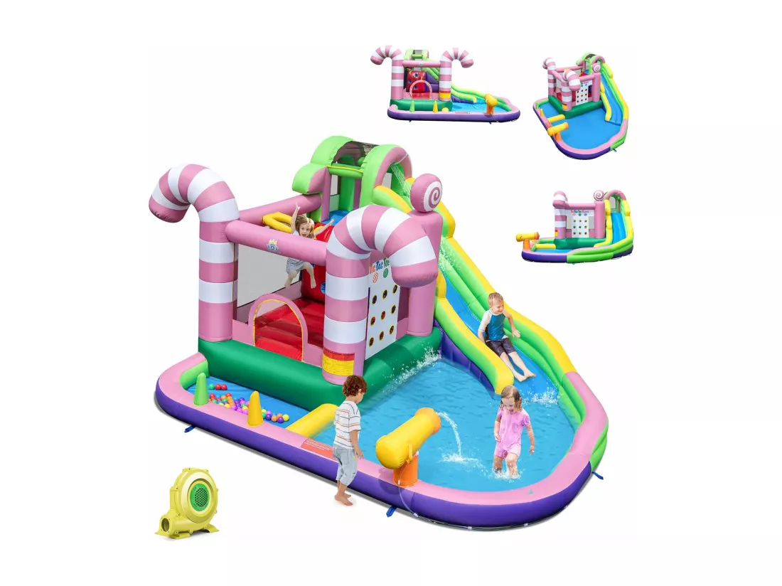 9 en 1 Château Gonflable en Forme Bonbons avec Toboggan, Maison de Saut Gonflable avec Pistolet à Eau, Jeu Tic-Tac-Toe, 50 Boules, Charge 90kg pour 2 Enfants de 3-10 Ans（avec souffleur 680W