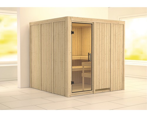Karibu Rodina modulaire sauna zonder oven, zonder dakrand, met volledig glazen deur van helder glas