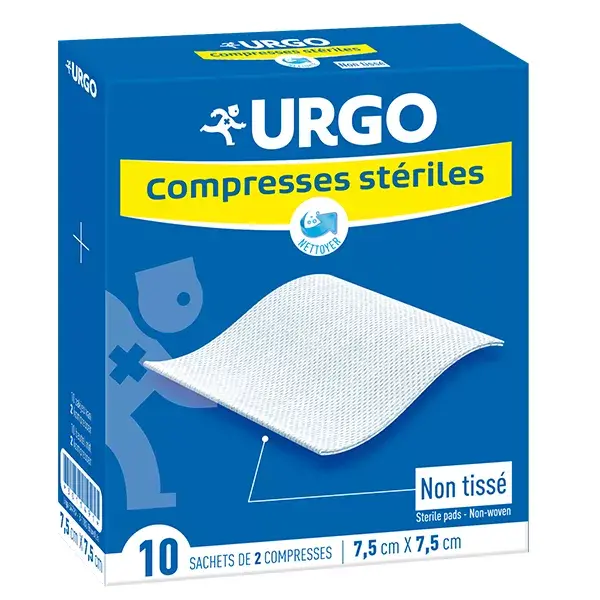 Compressas estéreis de tecido não tecido Urgo Nursing Care, 7,5 x 7,5 cm, 10 sachês.