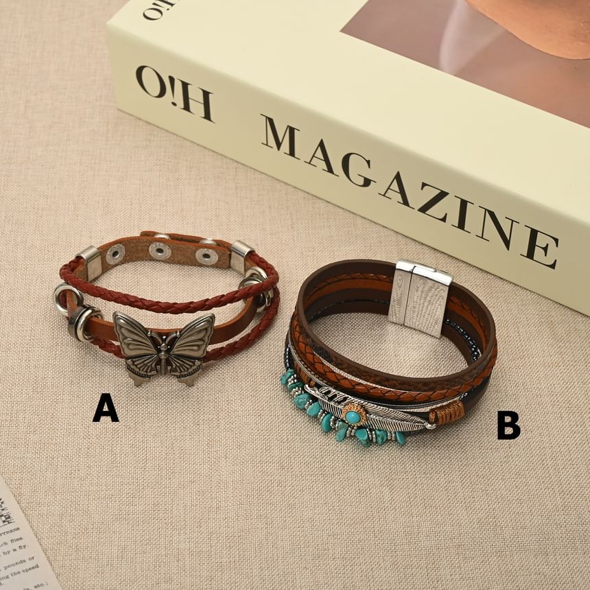 Lilafey - Vlinder / Turquoise / Legering Kunstleren Gelaagde Armband (Diverse Ontwerpen)
