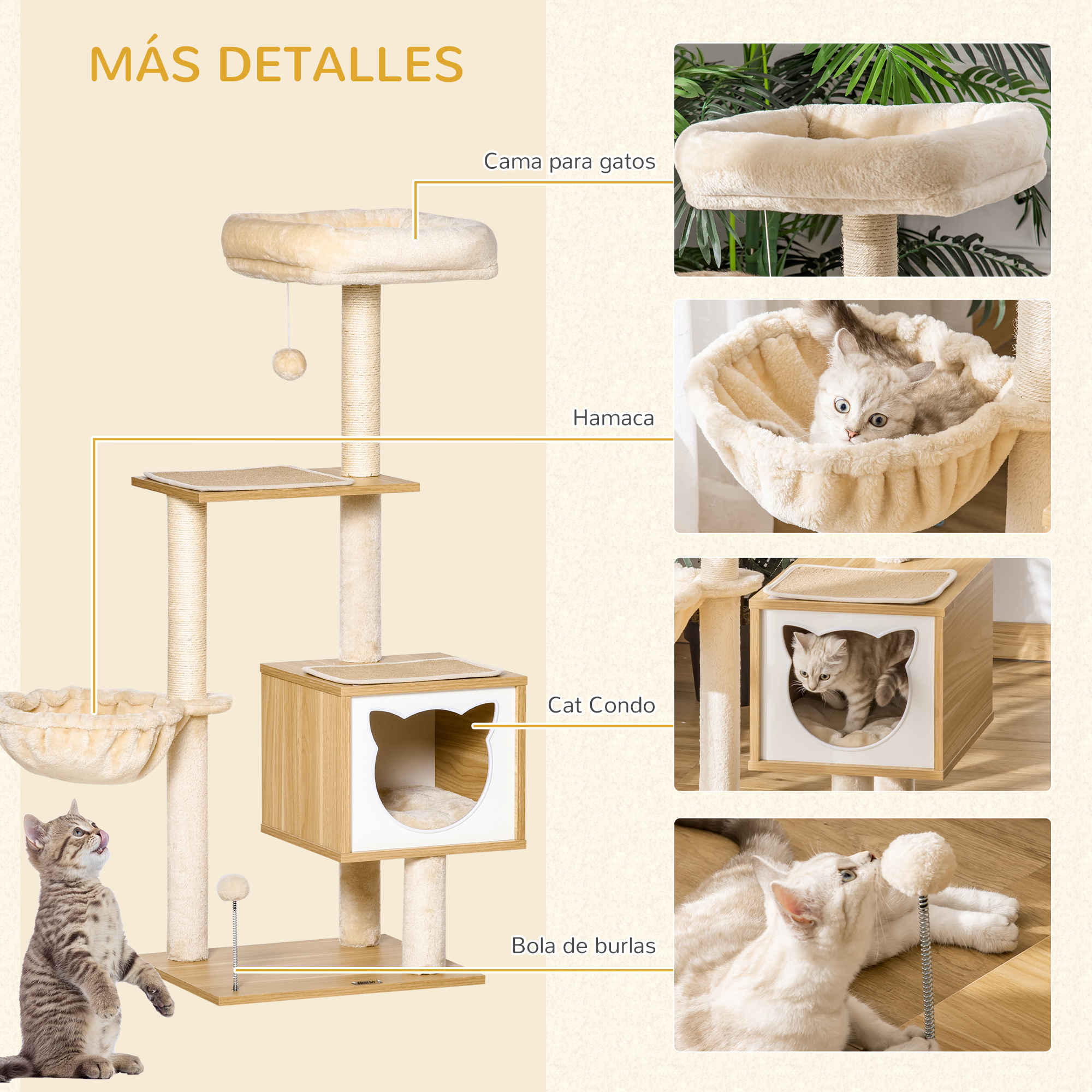 Arranhador para Gatos PawHut com Plataforma, 126 cm de Altura, Torre de Escalada para Gatos com Rede, Casinha, Cama, Postes de Sisal e Bolas para Brincar, 48x40x126 cm, Bege