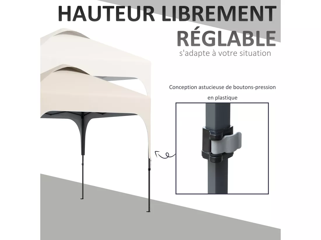 Tonnelle barnum automatique pop-up dim. 2,53L x 2,53l x 2,68H m hauteur réglable nombreux accessoires inclus acier oxford beige