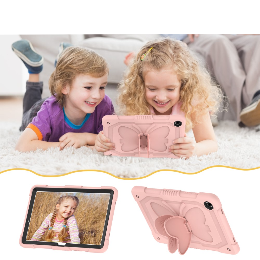 Samsung Galaxy Tab A9  Plus 2in1 Hybrid Outdoor Silikon Case Hülle mit Schmetterling Kickstand und Schultergurt - Rosa