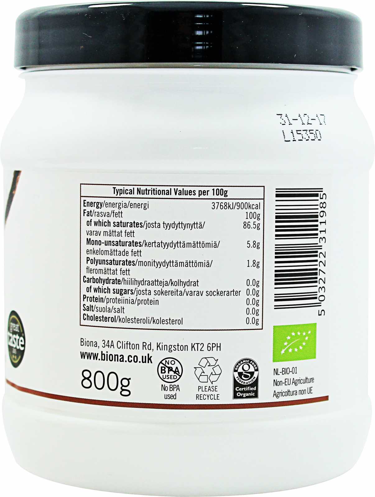 Óleo de Coco Orgânico Virgem e Cru Biona Organic 800g