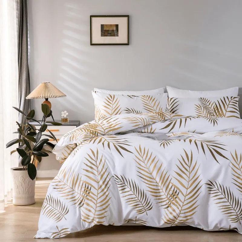 Modern Style Gold Green Botanical Print Bedding Set | High Quality Soft Comfortable Bed Duvet cover Pillow case