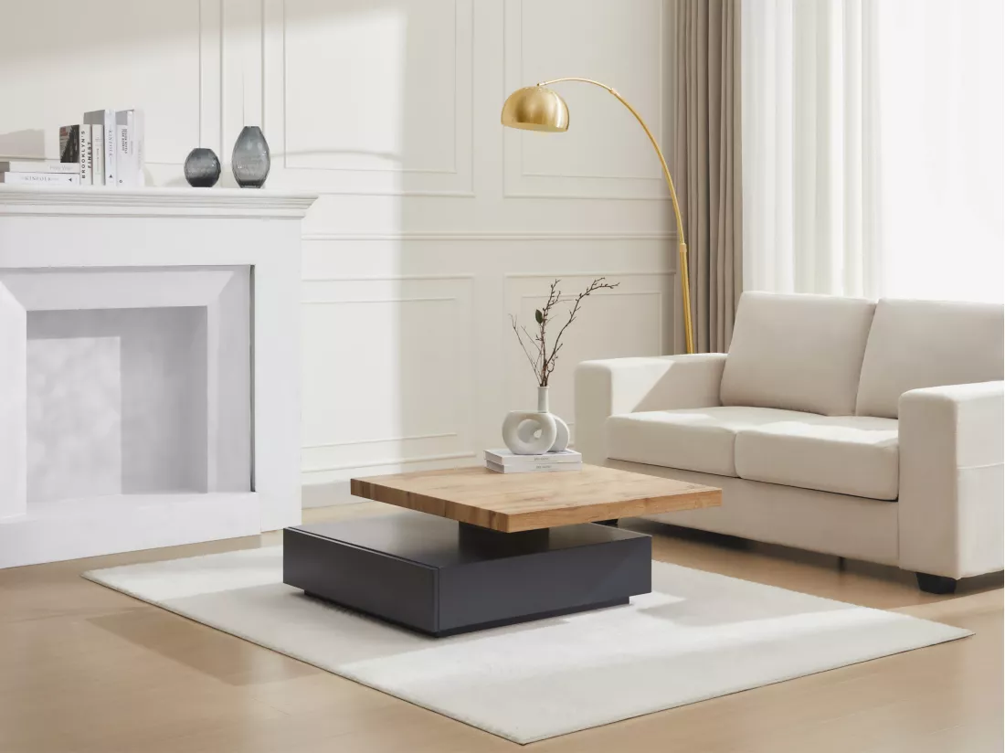 Table basse pivotante avec 1 tiroir en MDF - Anthracite et naturel - KYRIA