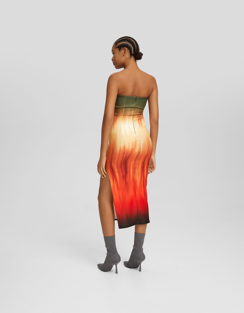 Vestido midi bandeau com estampa bengaline