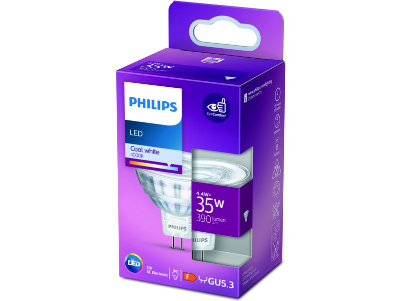 Philips Lampe LED 35W GU5.3 MR16 CW 36D 12 V ND Neutralweis Neutralweisses LED-Leuchtmittel MR16 mit klarem Glas