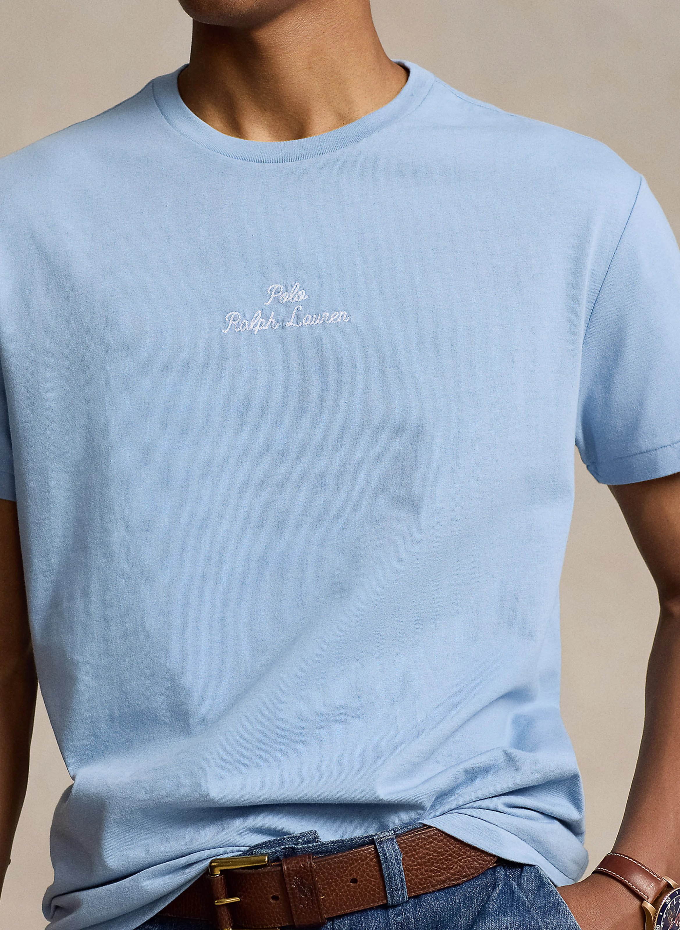 Tee-shirt col rond logo brodé en coton | Bleu