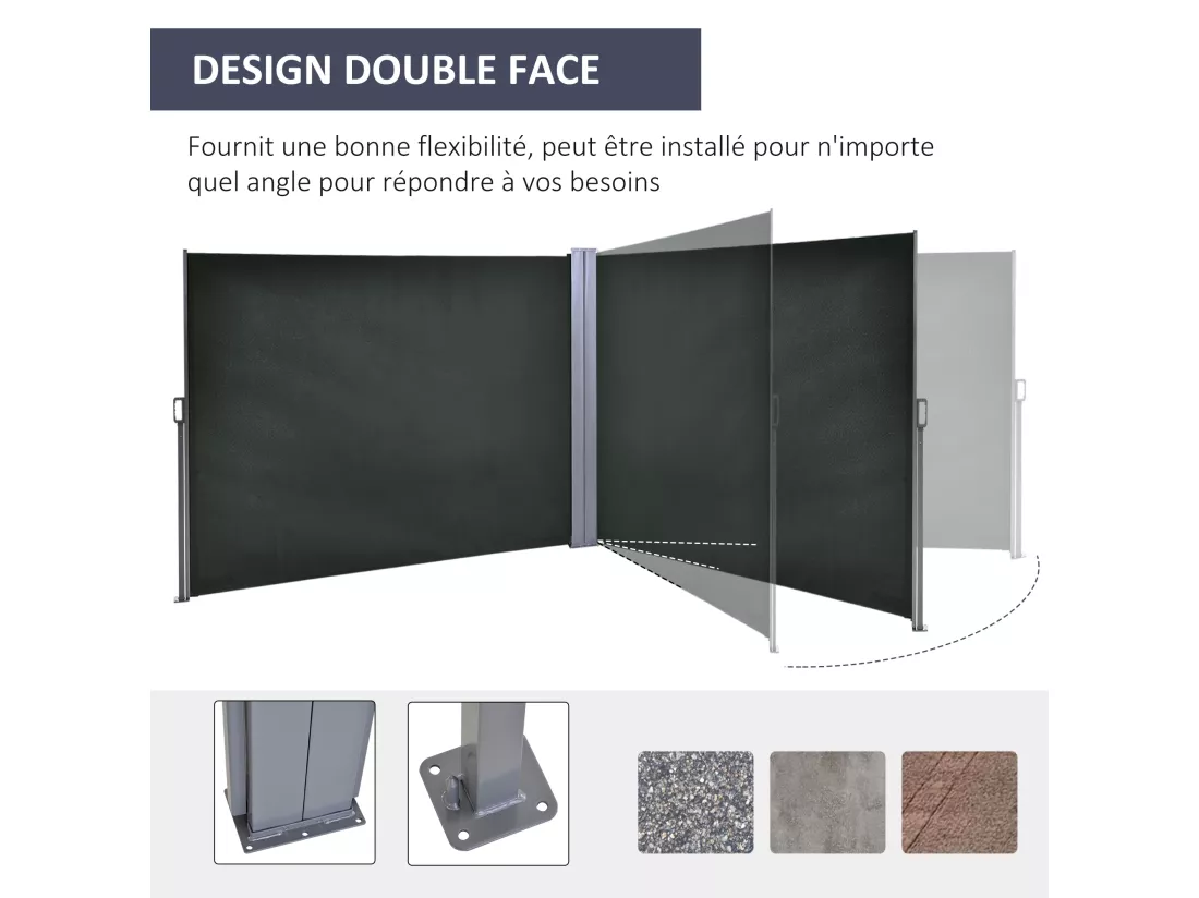 Double store latéral brise-vue paravent rétractable dim. 6L x 1,60H m polyester anti-UV haute densité gris