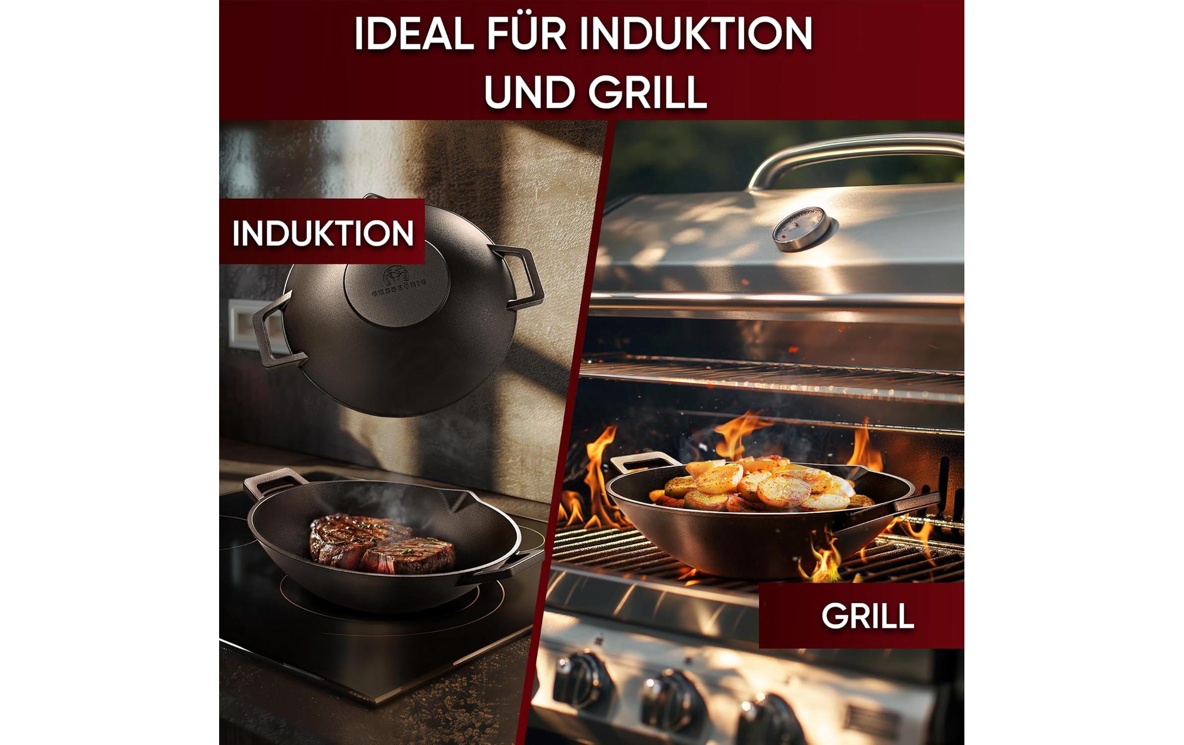 Wok 35 cm mit Reiniger, HandschuheGusseisen-Wok mit Edelstahl-Ringreiniger und hitzebeständigen Handschuhen