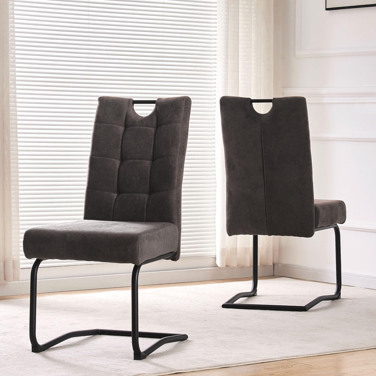 B&D home® Esszimmerstühle Sofia 2er Set – Freischwinger Schwingstuhl, gepolsterte Sitzschale mit Griff, Webstoff Braun, Metallkufe schwarz, Retro-Industrial Design für Esszimmer, Küche & Büro
