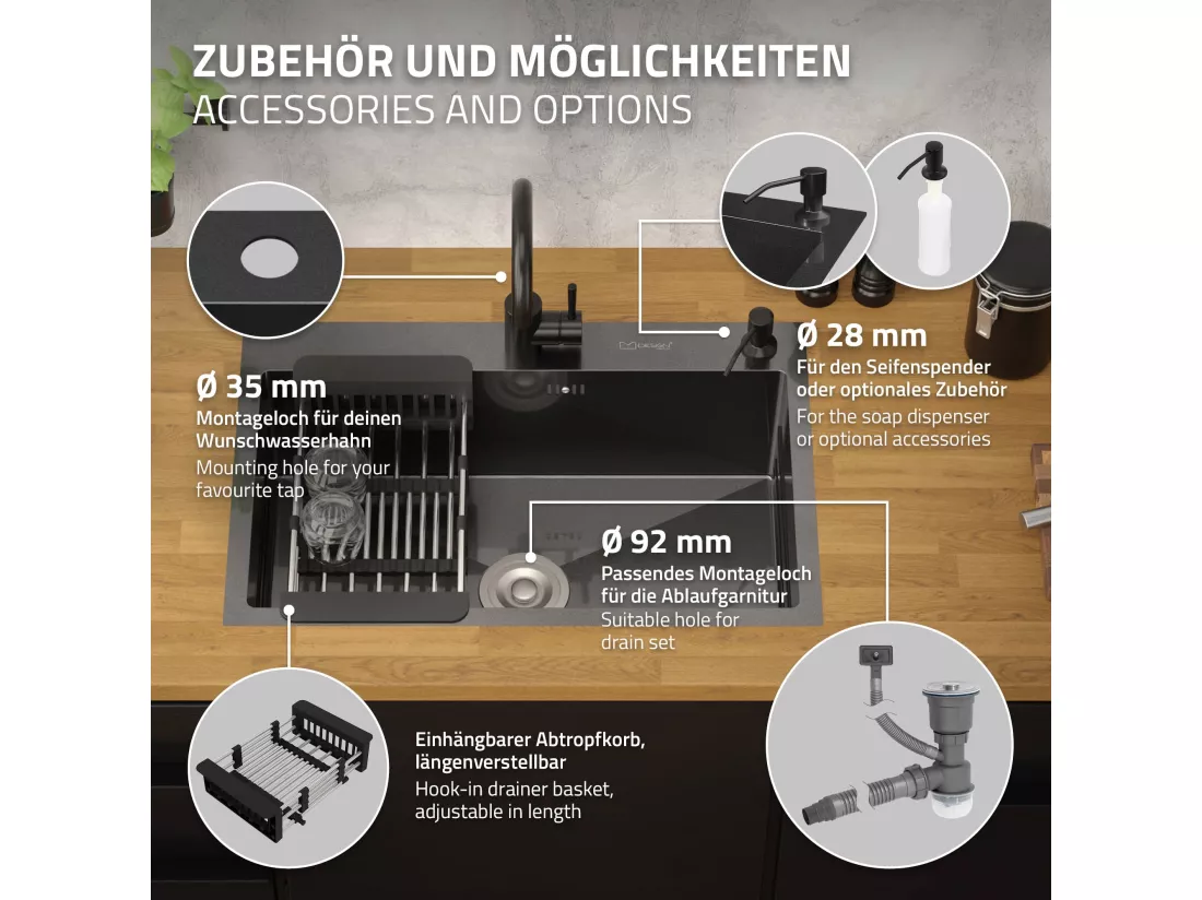 Évier à encastrer anthracite 68x45cm vidage distributeur savon+ panier-égouttoir
