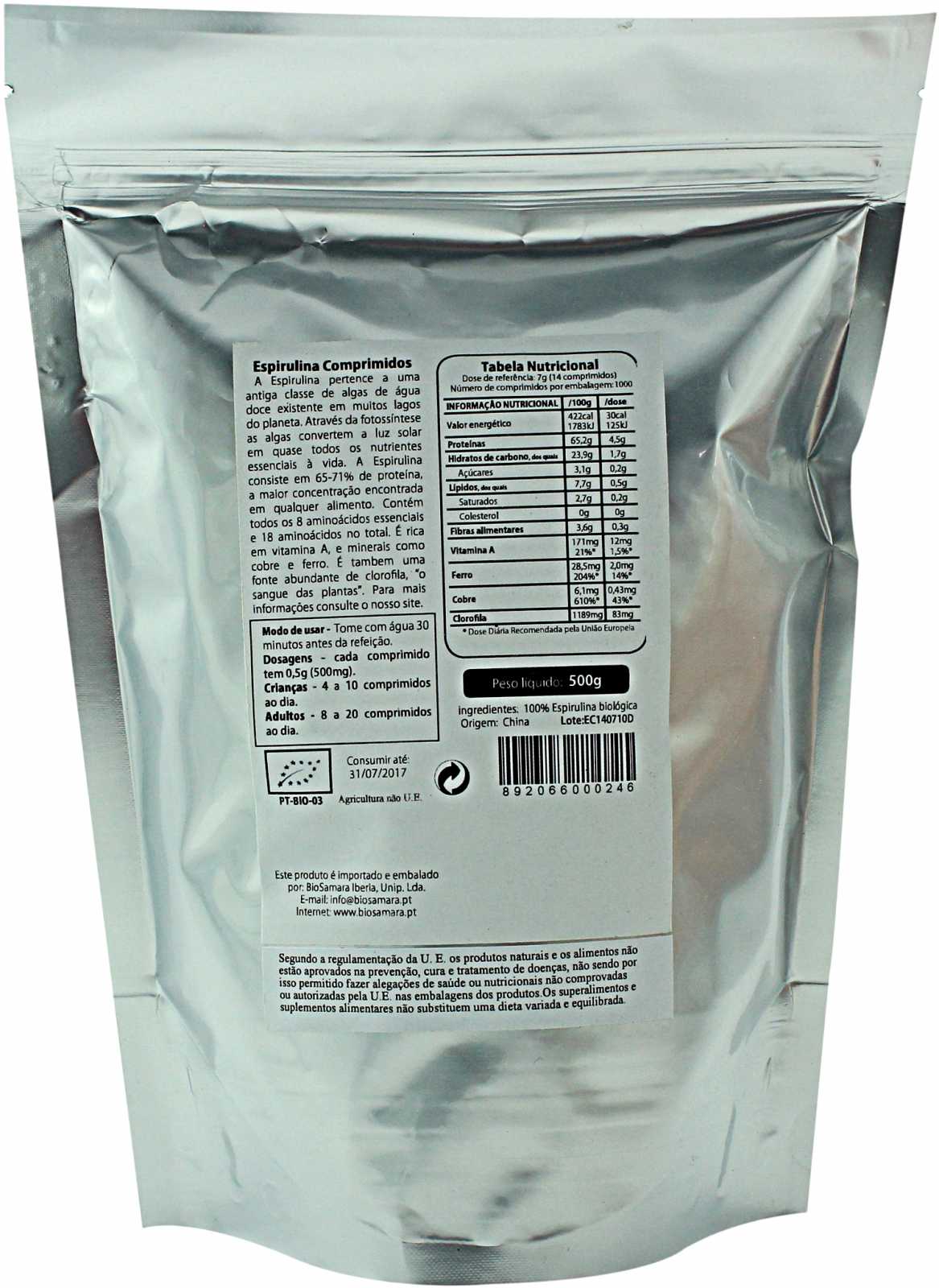 Comprimidos de Spirulina Biosamara 200g