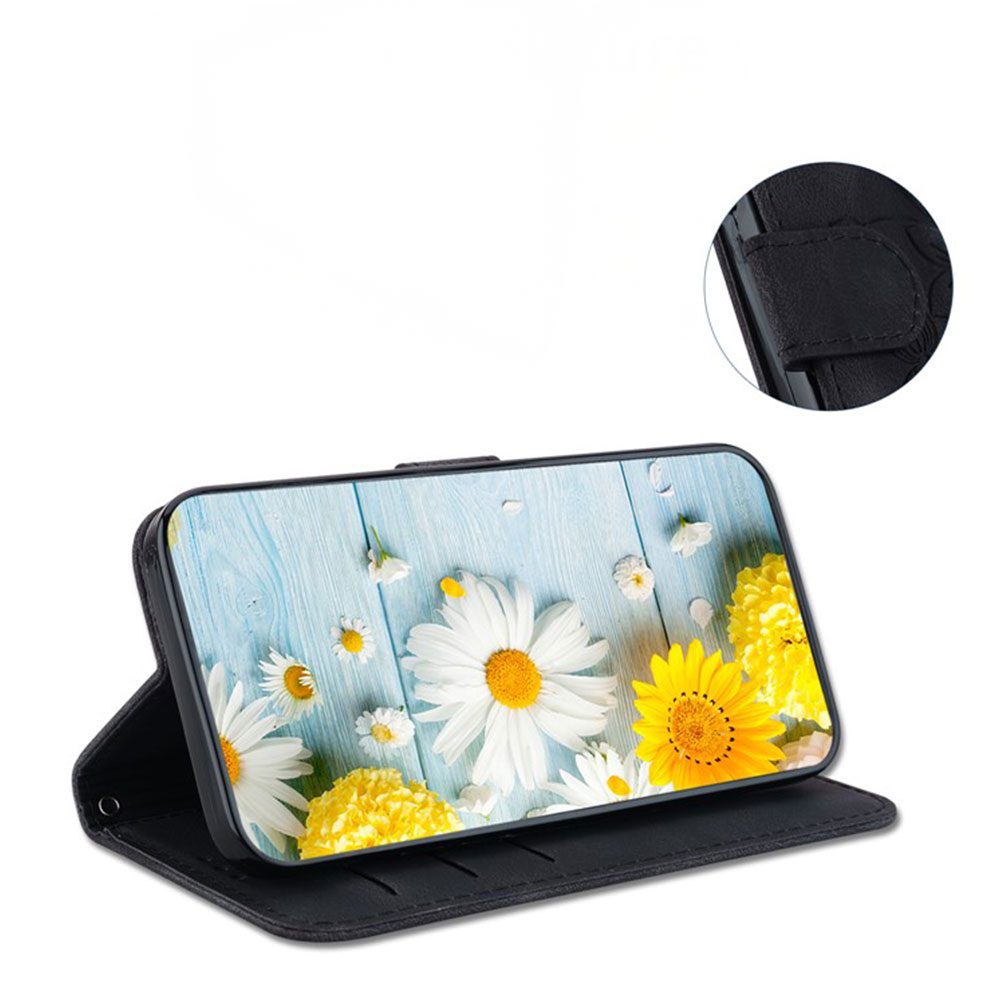 Samsung Galaxy S25  Plus Leder Tasche Wallet - Blumen Imprint - Schwarz
