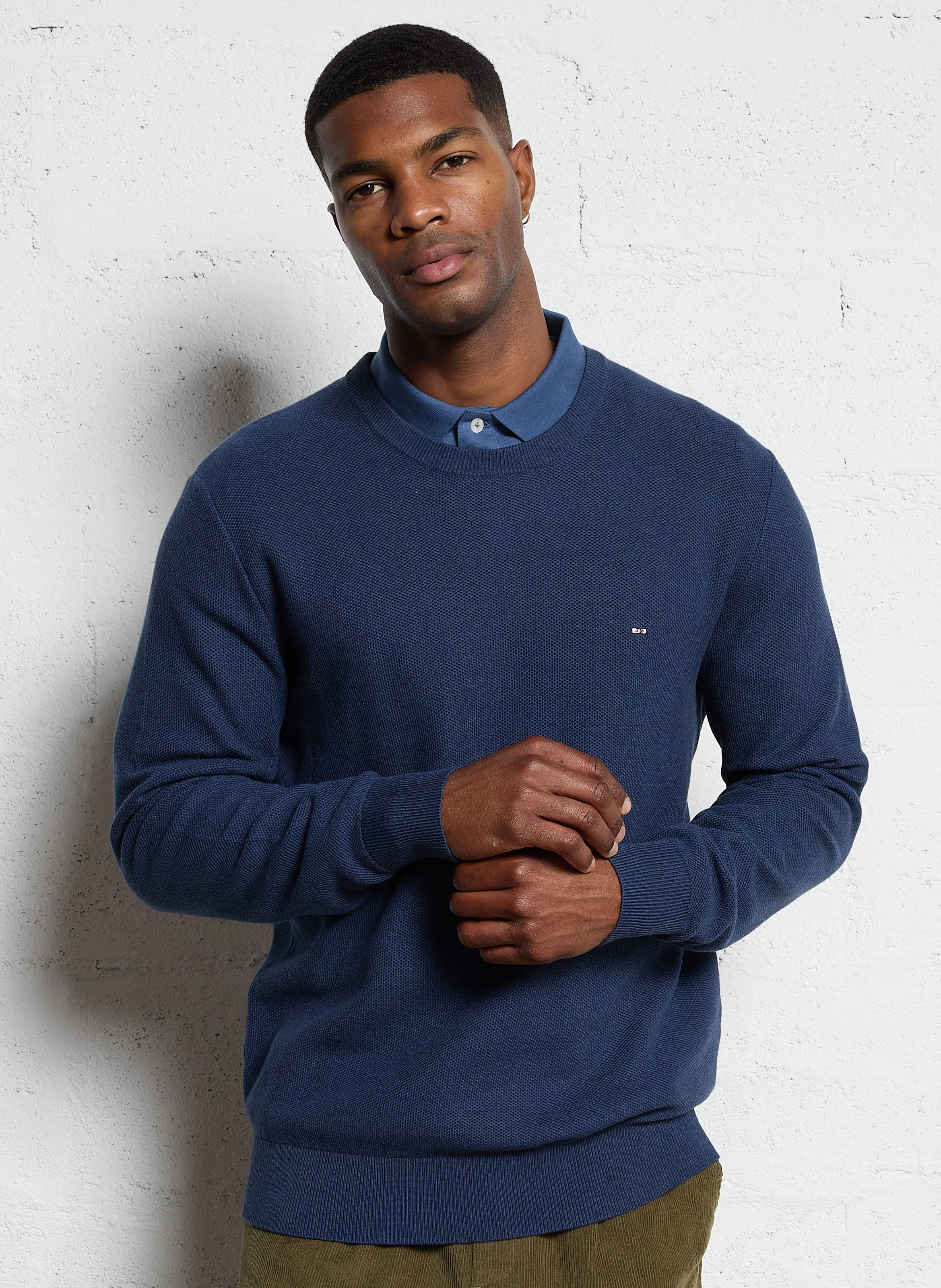 Pull droit col rond en coton | Bleu