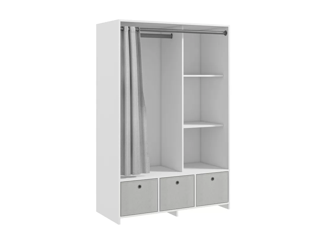 Vestiaire d'entrée - barre de penderie, 3 niches, 3 tiroirs tissu, rideau - panneaux blanc polyester lin gris clair