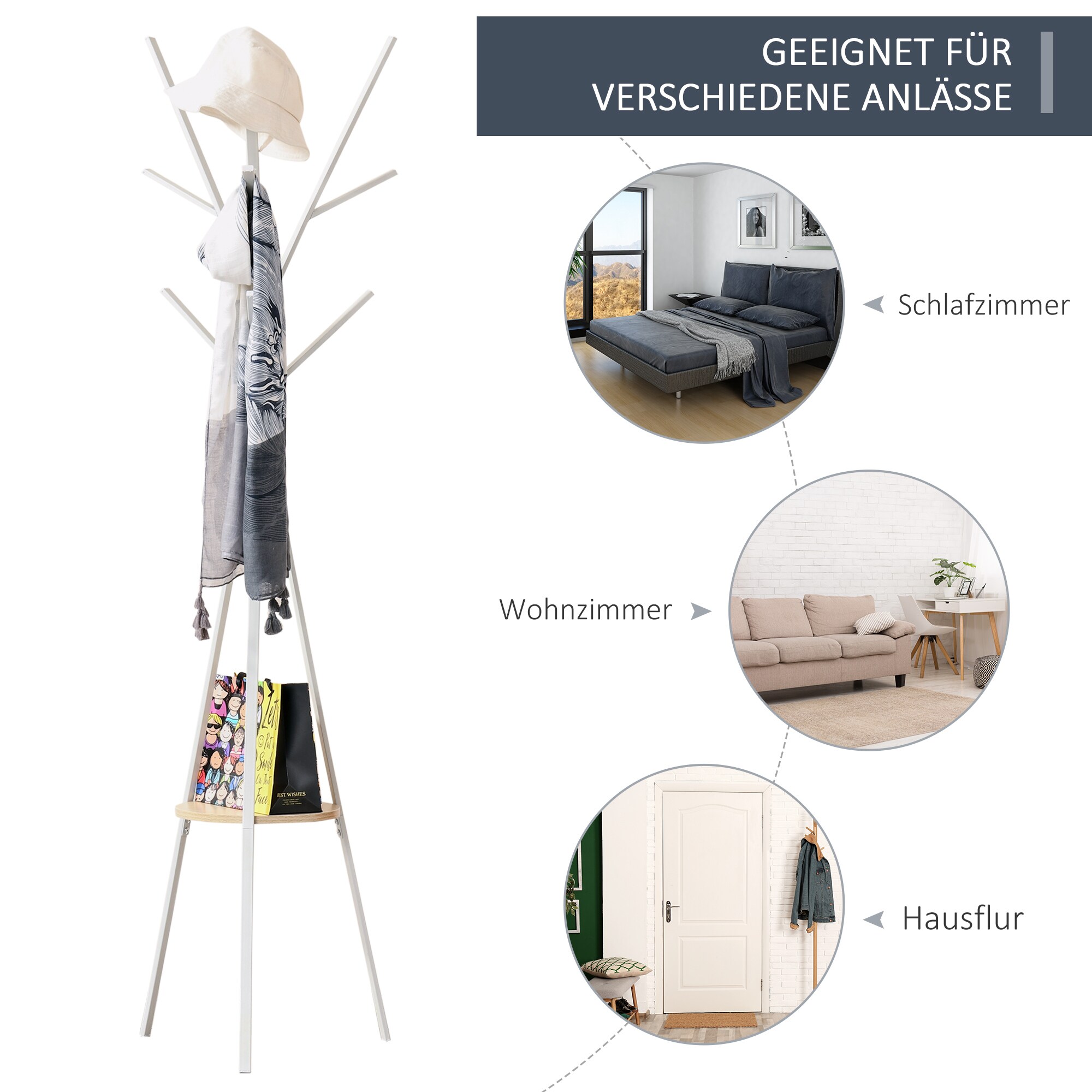 HOMCOM Garderobenständer mit 8 Haken 45 x 45 x 180 cm (LxBxH)