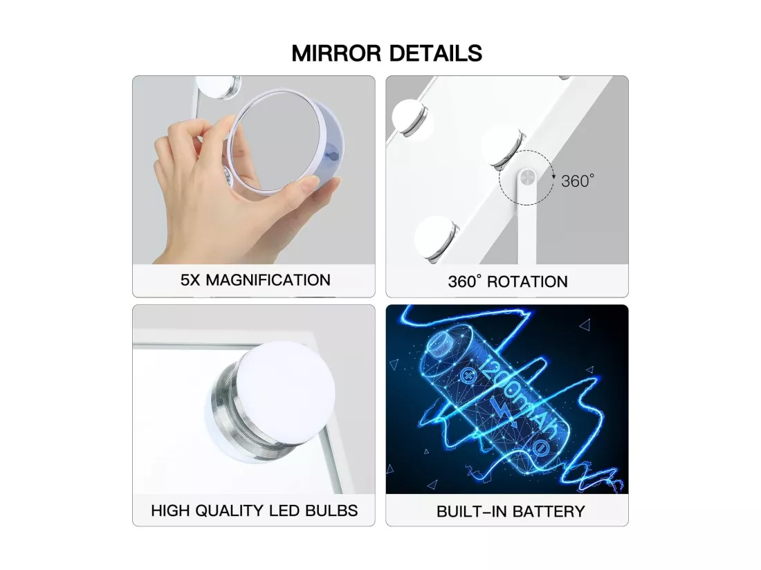 Miroir de maquillage intelligent Avec Bluetooth et miroir LED rechargeable sans fil 12 ampoules LED dimmables blanc 30cm x 41cm