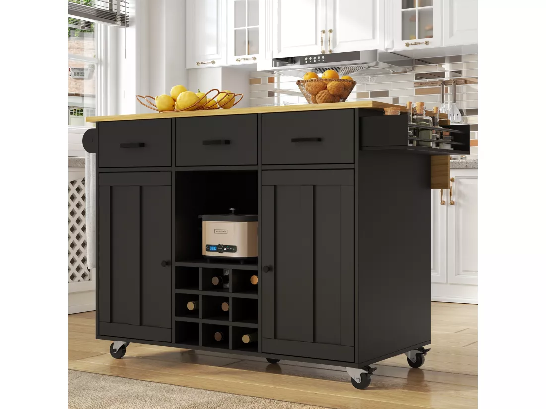 Ilot central de cuisine mobile avec 2 portes, 3 tiroirs et casier à vin 9 bouteuills - Plateau extensible - 124 x 40/65 x 91.5 cm - MDF - Noir
